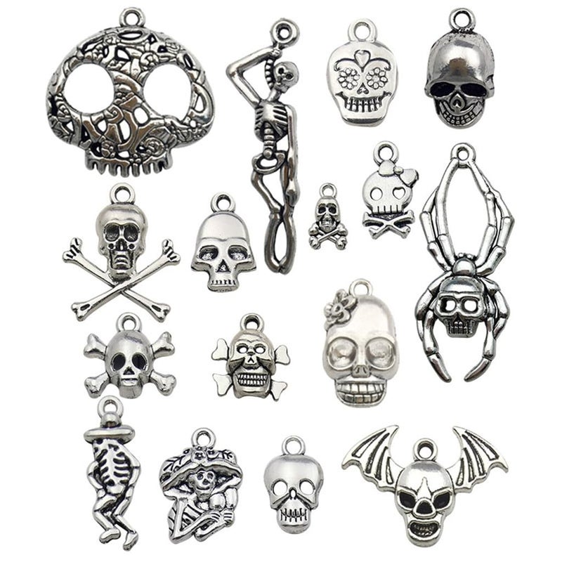 ALIMITOPIA Skull Head Charm Skeleton Bone Halloween DIY Jewelry Making Charm Pendant for Punk Necklace Bracelet Accessaries(32pcs;Silver Tone) - Image 1